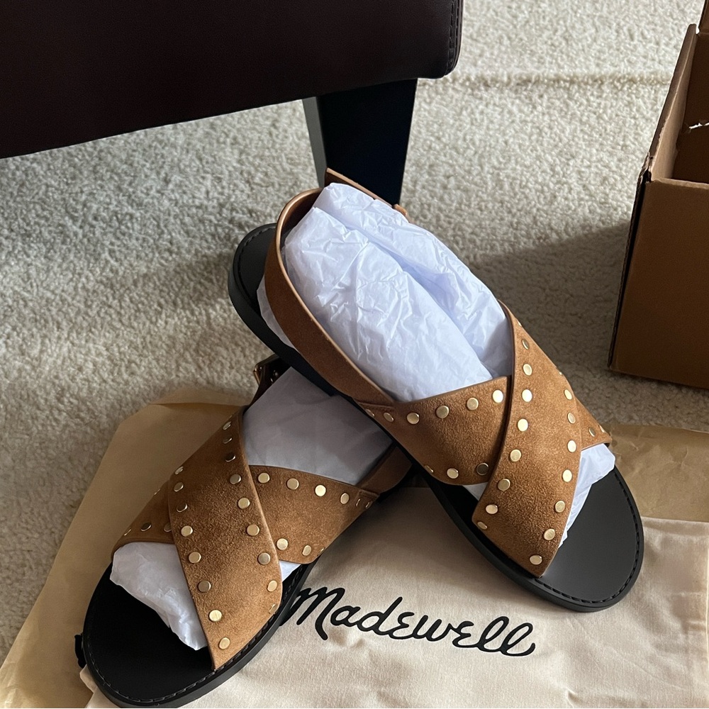 Madewell The Tuley Crossover Suede Studded Sandal Dried Acorn Size 10 New in Box